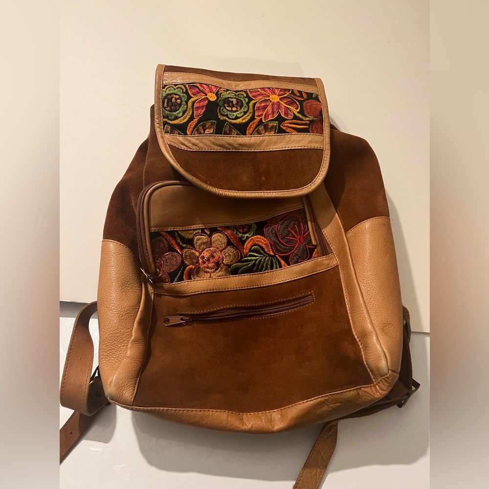Floral Embroidered Brown Leather Backpack